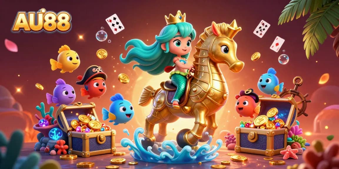 Bet on AU88 and win big with our lively casino-themed underwater adventure illustration.