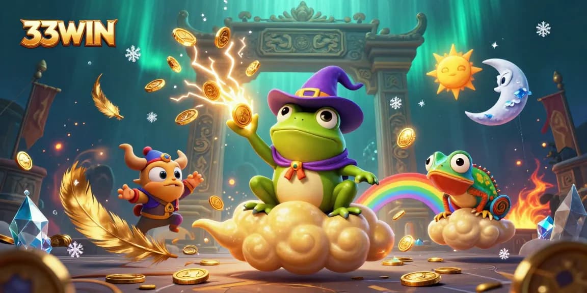 34WIN captivates with a vibrant casino scene showcasing a weather wizard frog and chameleon.