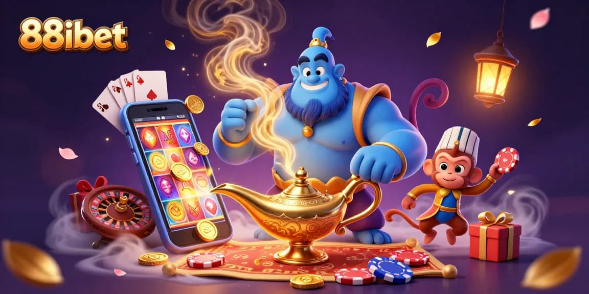 Engage with the 88ibet casino magic as golden coins erupt from a smartphone surrounded by vibrant gaming elements.