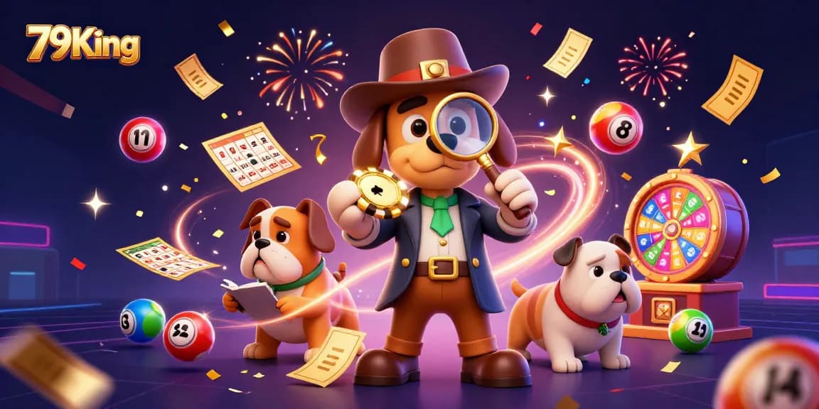 79King players explore treasure clues, golden chips, and vibrant lottery elements in a casino scene.