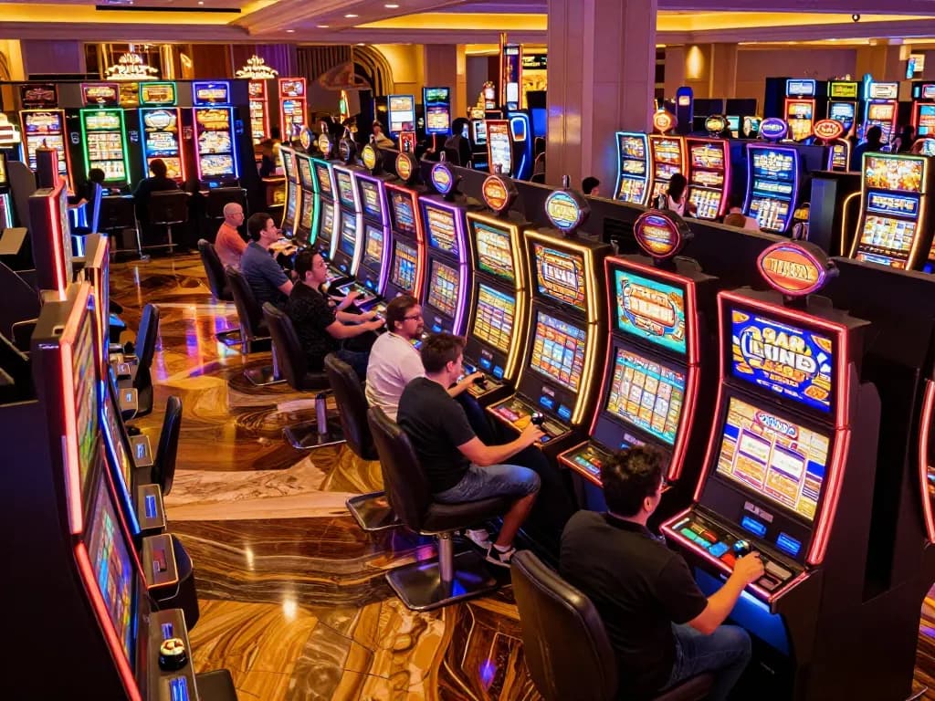 Players engaging with vibrant SLOT machines in a lively casino atmosphere, showcasing colorful displays and excitement.