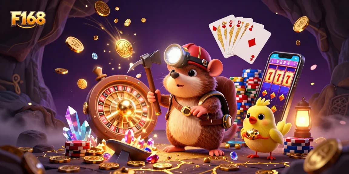 F168 offers thrilling mining adventures with treasure hunter mole and sparkling gems in an impressive casino scene.