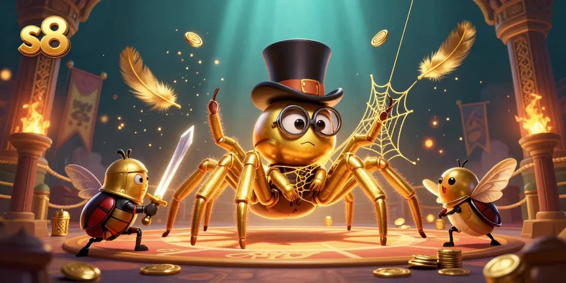 Experience thrilling gameplay at s8 with a golden tarantula spinning luck-filled webs in a vibrant casino scene.
