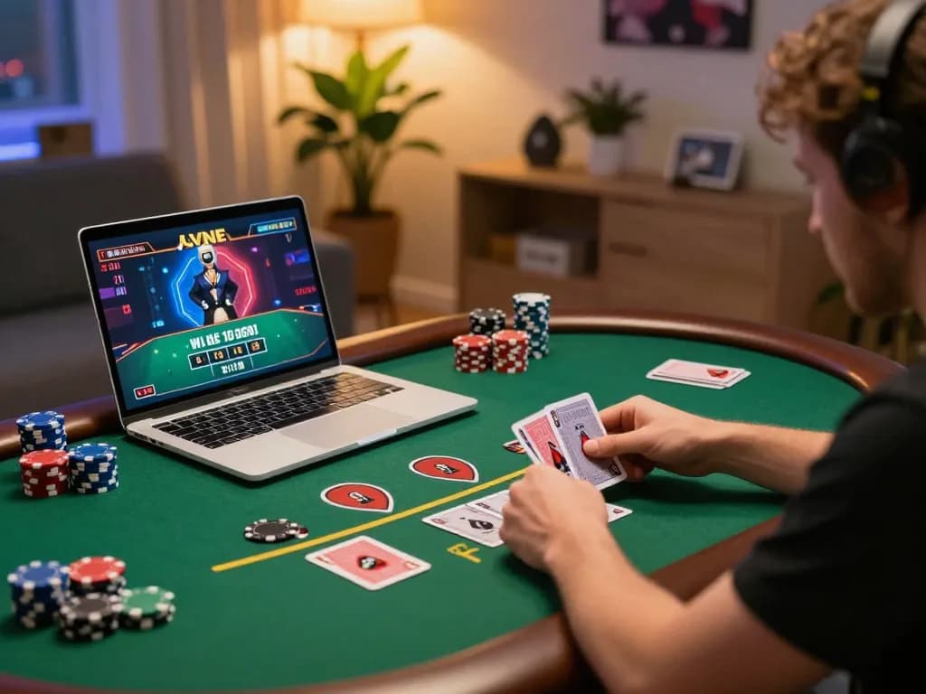 Joueur engagé participant à un palpitant jeu de blackjack avec croupier en direct pour casino en ligne argent réel