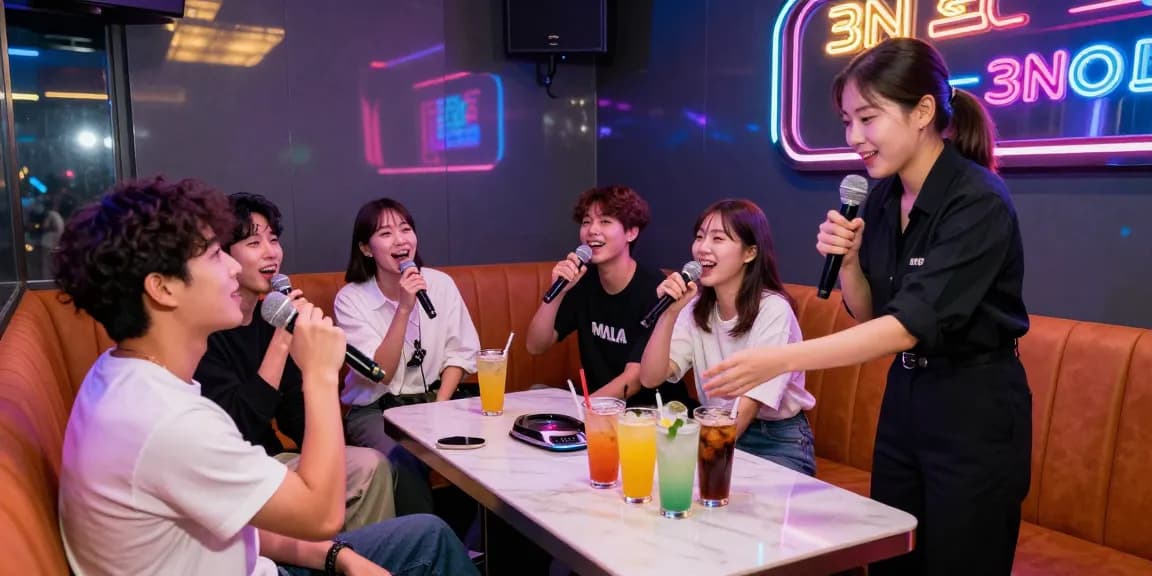인천쓰리노에서 친구들과 즐거운 시간을 보내는 장면으로, 생동감 넘치는 분위기와 노래방 부스가 특징인 이미지