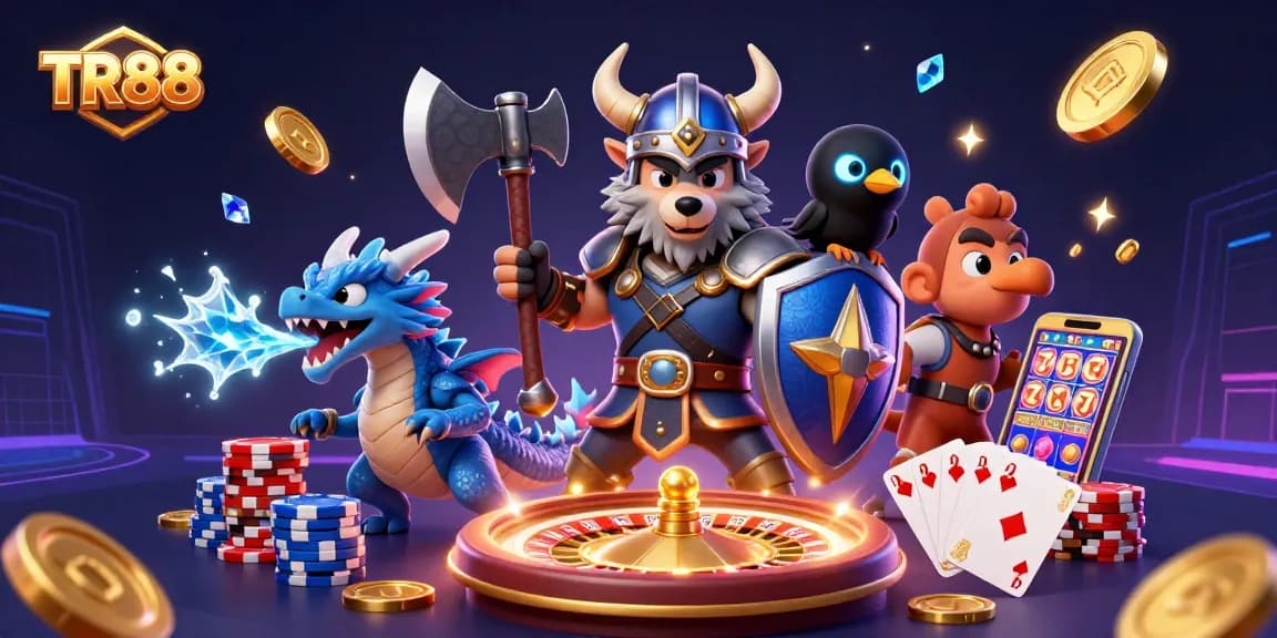 Engage with TR88 as Viking warrior explores slots amidst coins and poker chips.