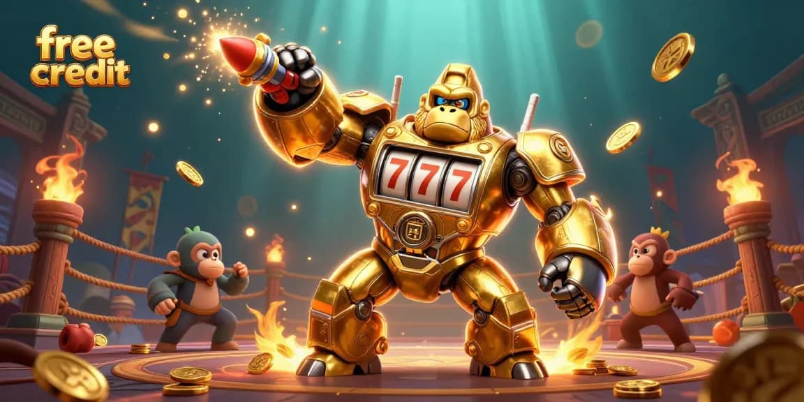 Experience thrilling games with free credit at online casinos, featuring a dynamic golden gorilla mech.