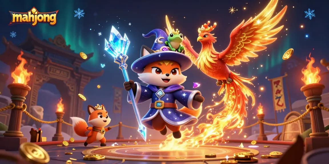 Engage in thrilling mahjong gameplay with a mystical wizard, fiery phoenix, and a crowned frog in a spectacular setting.