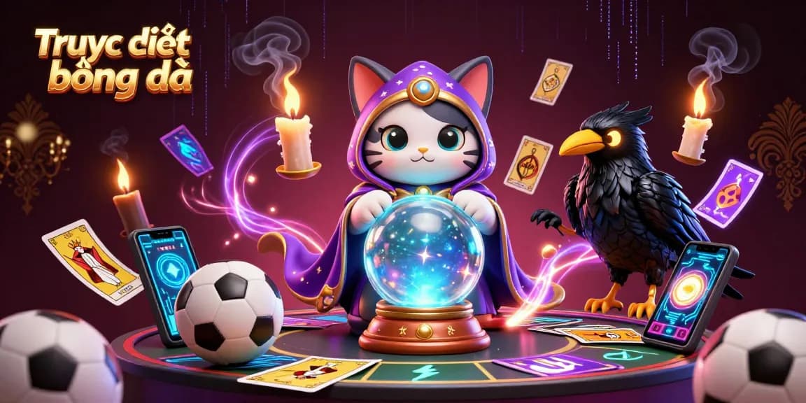 Watch Trực tiếp bóng đá with exciting betting visuals featuring a mystical cat and dynamic sports elements.