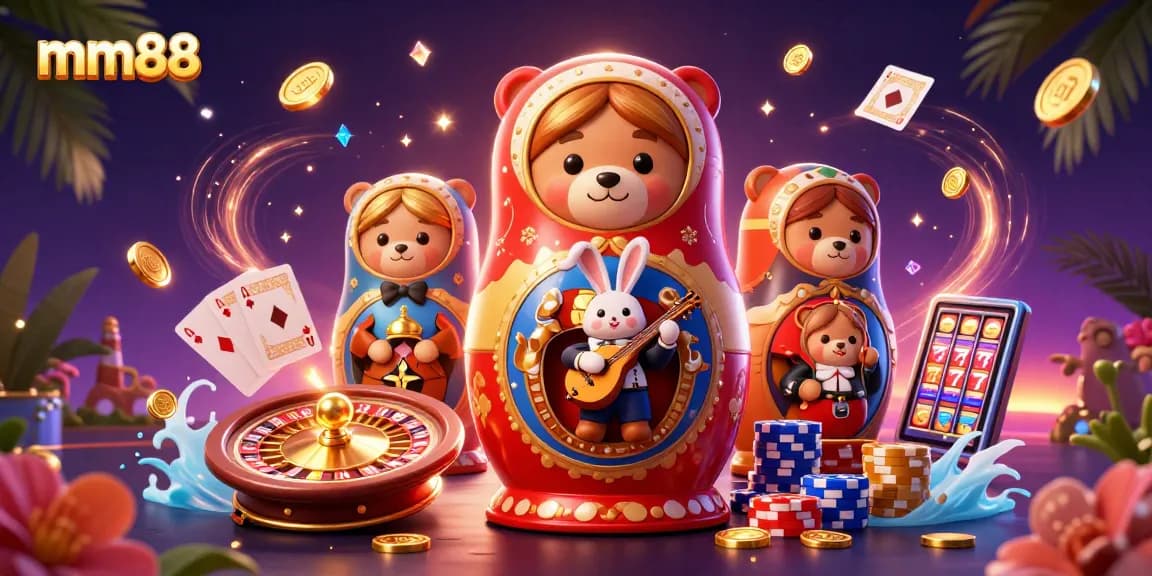 Experience thrilling casino action with mm88 in this vibrant 3D illustration featuring diverse characters and game elements.