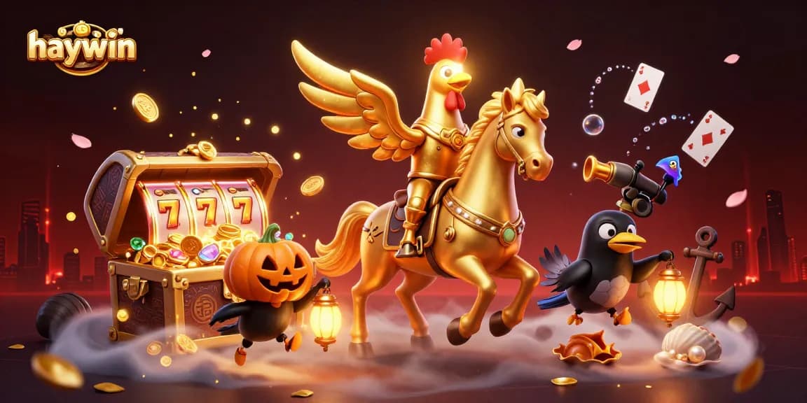 Experience haywin's thrilling casino adventure with a golden rooster leading the way in this vibrant illustration.