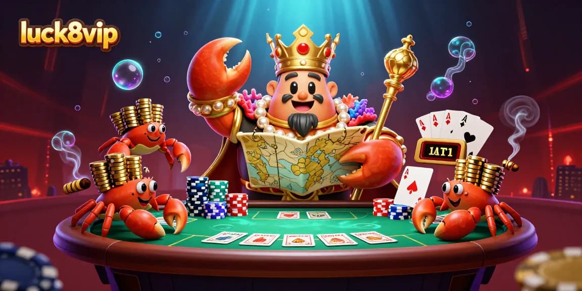 Experience the excitement of luck8vip with a majestic crab emperor at a vibrant poker scene.