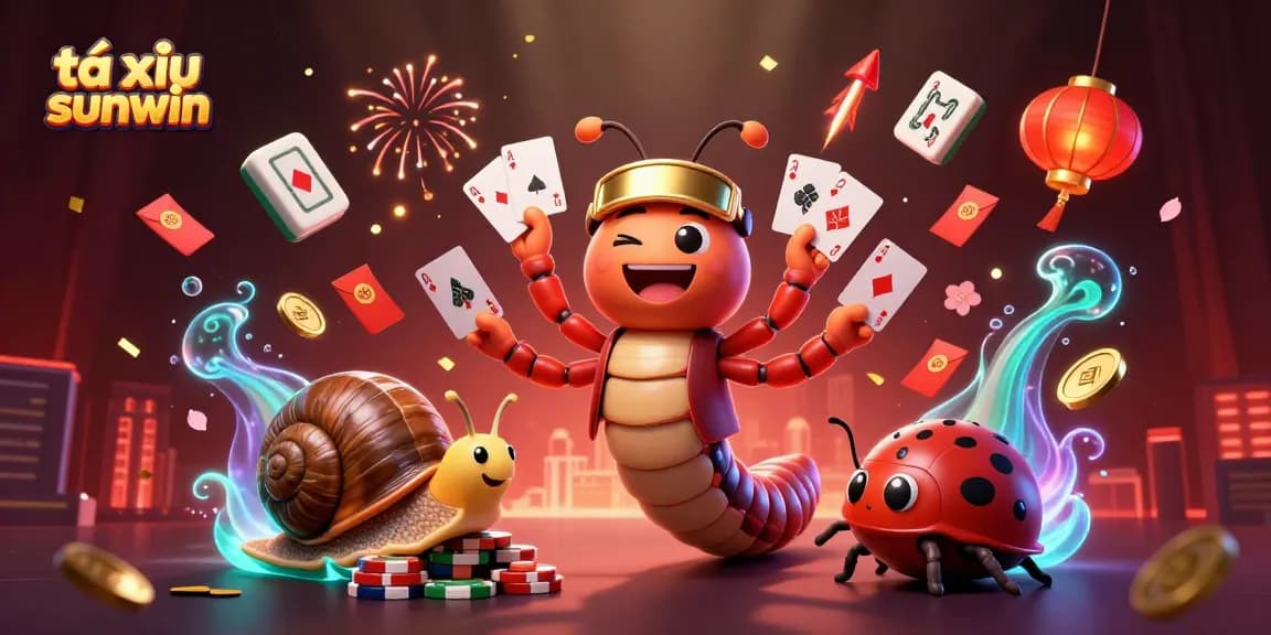 Tài xỉu sunwin gaming spectacle with a 3D cartoon millipede dealer in action, delivering cards amidst vivid decorations.