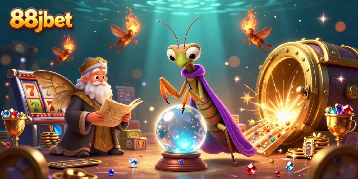 Engage with 88jbet's thrilling casino atmosphere featuring lucky slot reels and vibrant treasure amidst magical beings.