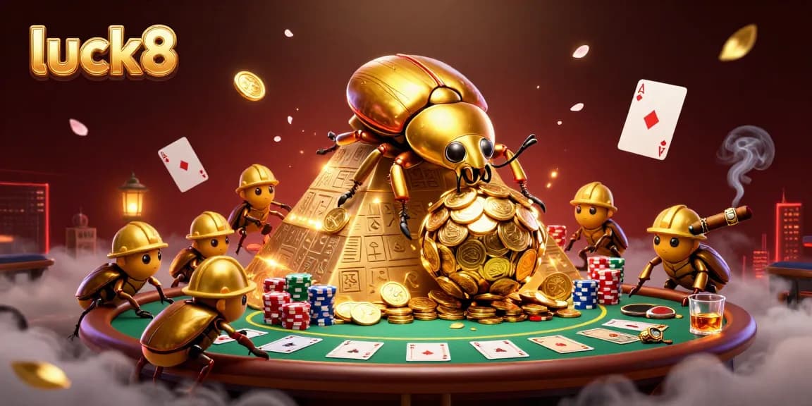 Bet big with luck8 as golden beetles roll coins at a vibrant casino pyramid.