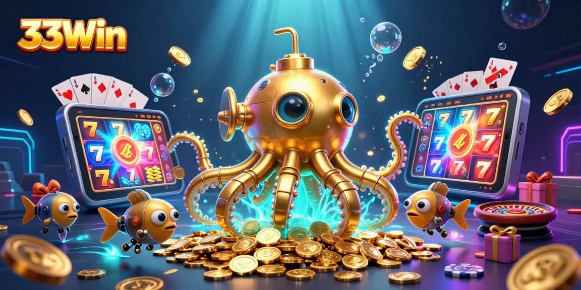 Engage with the 33Win platform through a vibrant underwater scene featuring the golden kraken and gaming elements.