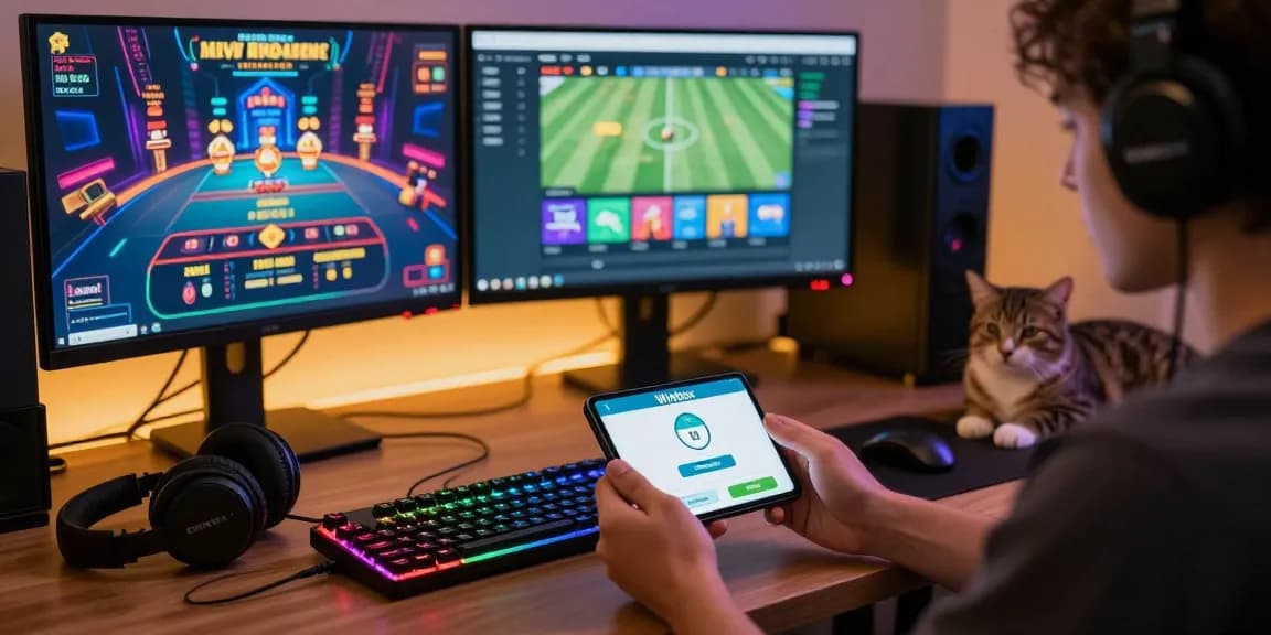 User engaged in Winbox download latest version on Android device amidst a vibrant gaming setup.