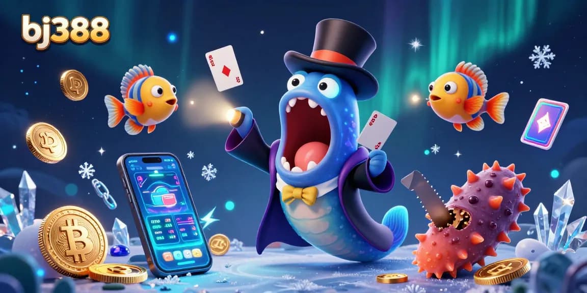 BJ388 players engaging in vibrant casino activities with glowing cryptocurrency elements.