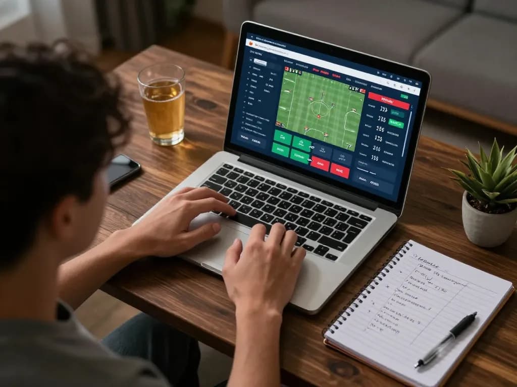 Betting strategies analyzed on laptop screen for f168 sports betting in home environment.