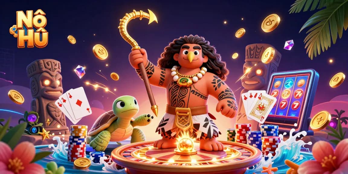 Nổ Hũ gameplay depicted with vibrant 3D imagery of a demigod and coins cascading in an online casino.