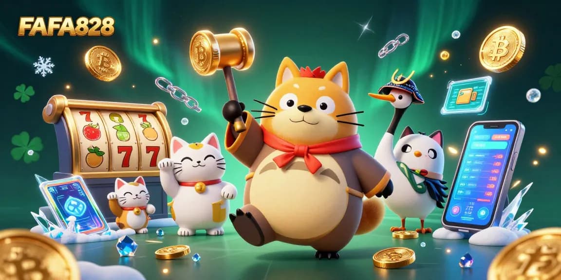 Join FAFA828 in this festive casino scene with lucky symbols and crypto elements.
