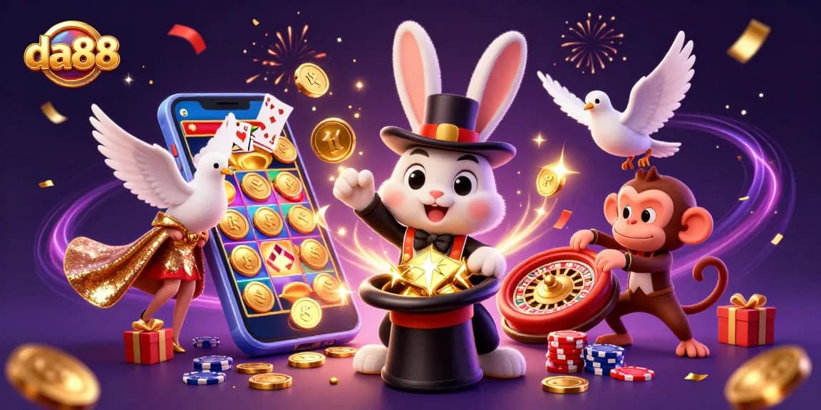 Experience the magic of da88 with a rabbit pulling coins and dynamic casino elements.