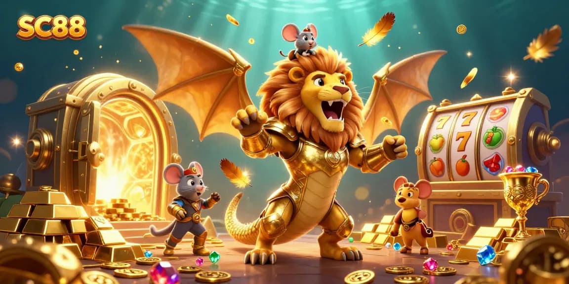 Experience SC88's thrilling adventure with a golden chimera and treasure scene filled with slots and gems.