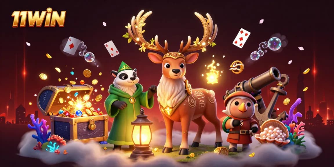 Experience the thrill of 11WIN with vibrant casino-themed 3D illustration featuring a Celtic stag and treasures.