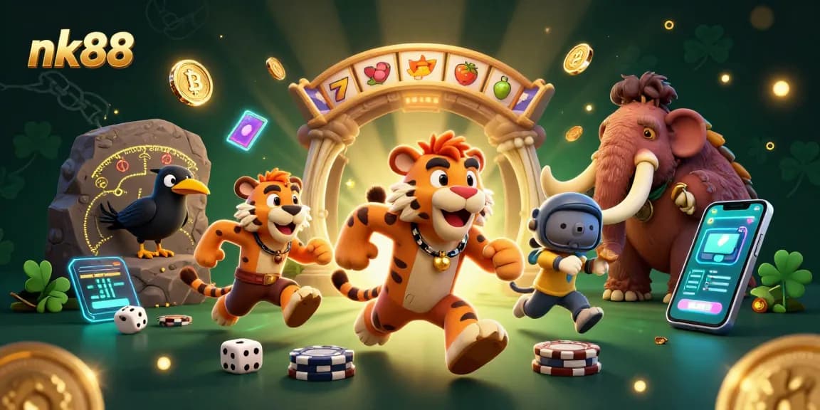 Players engage with exciting slot games at the nk88 casino, featuring vibrant characters and crypto elements.