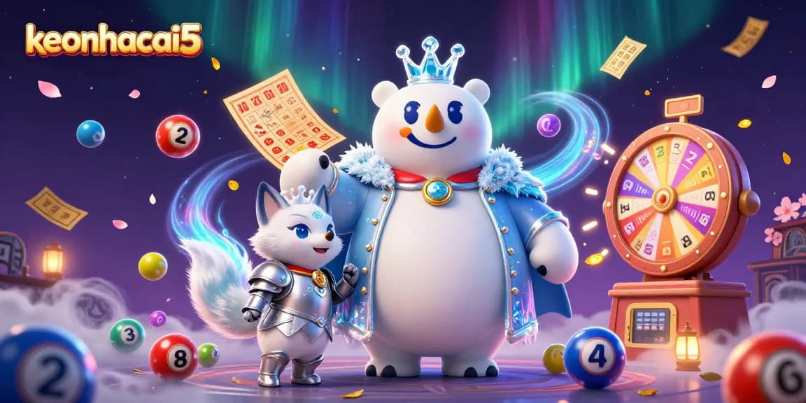 Engage with keonhacai5's vibrant gambling scene, featuring a cartoon ice king and snow fox amidst energetic lottery elements.