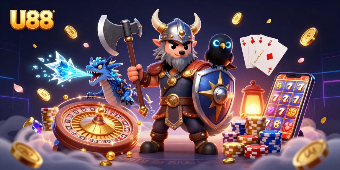 Engage in thrilling gameplay at U88 with a Viking warrior, dragon, and casino elements.