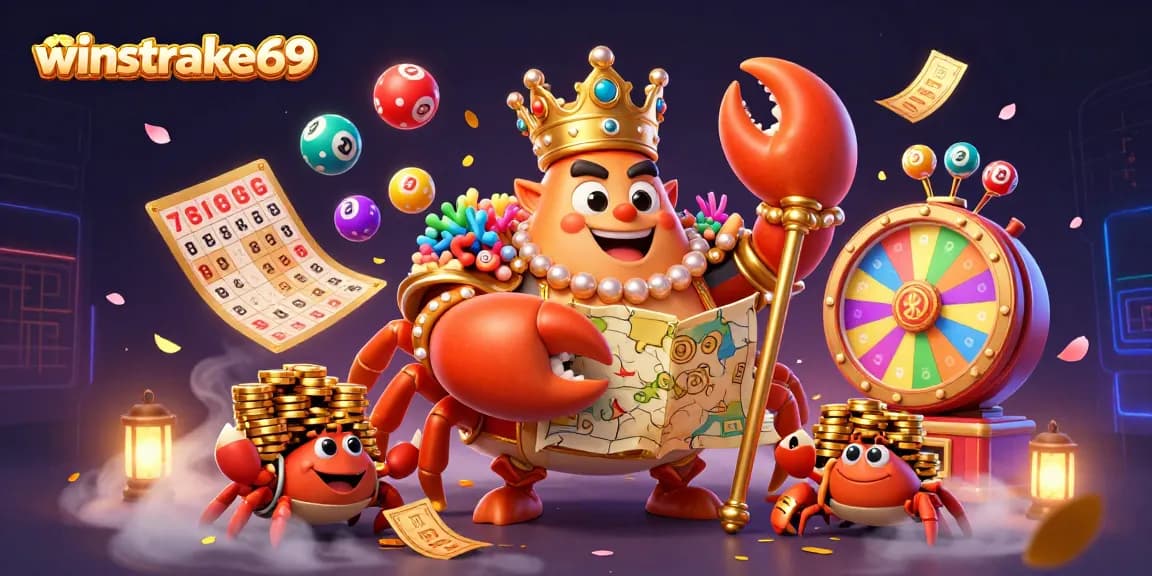 Engage with winstrike69's vibrant casino scene featuring a golden crab emperor amid dynamic lottery themes.