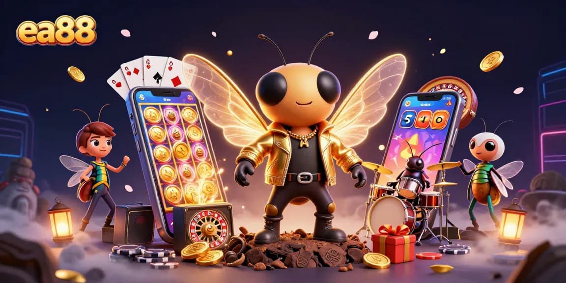 ea88 gaming scene with a rock star cicada, vibrant slot game elements, and dynamic backing band