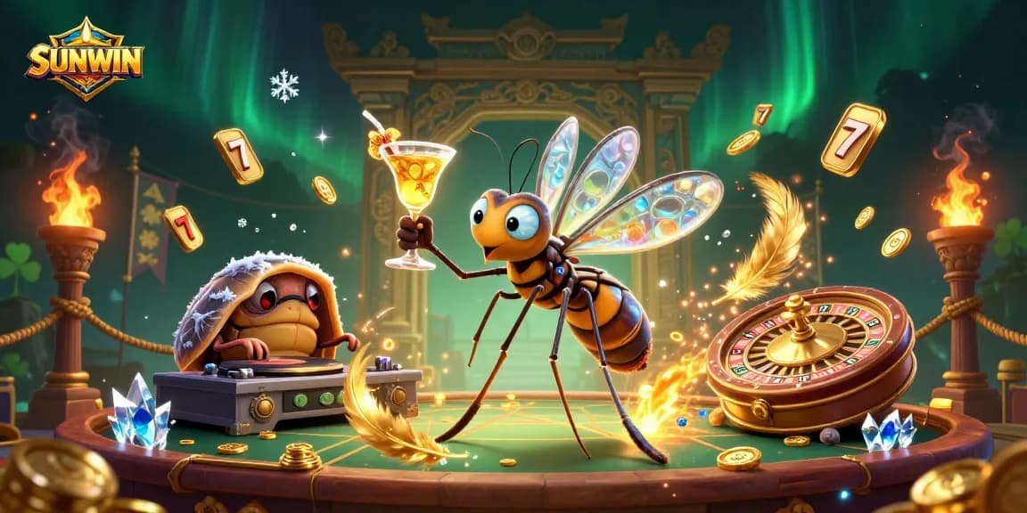 SUNWIN's vibrant casino scene featuring a cartoon mascot, a DJ, and a golden roulette wheel