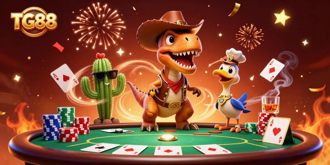 Experience thrilling poker action with TG88's vibrant casino scene featuring character camaraderie.