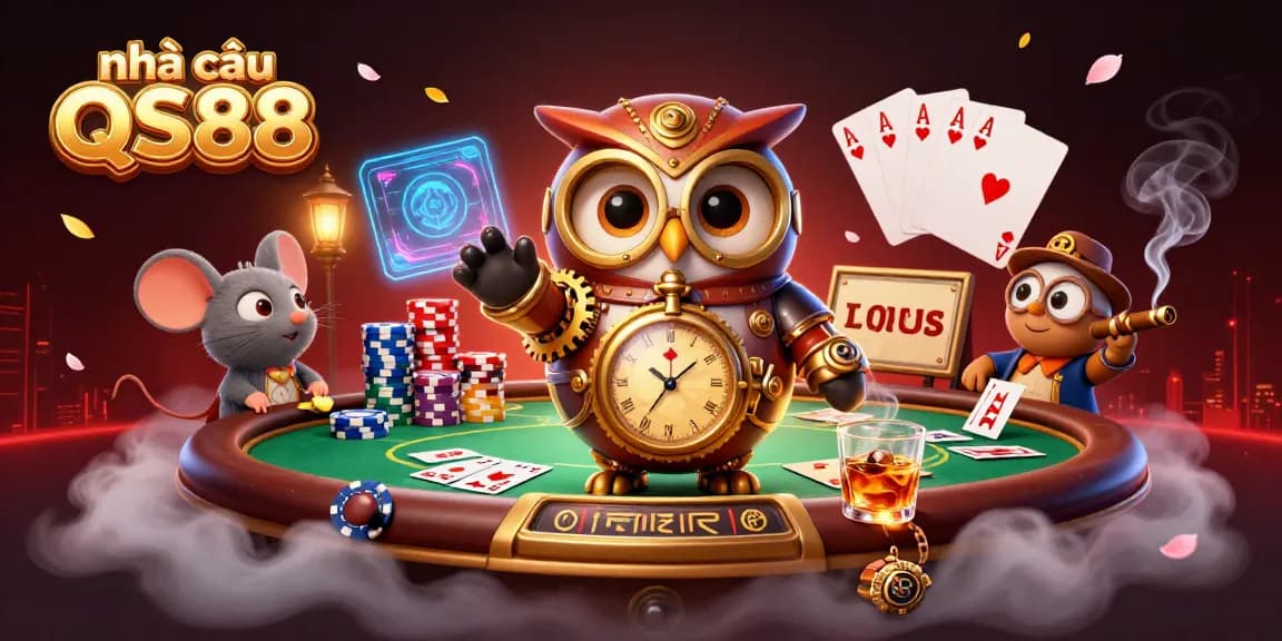 Engage with nhà cái QS88's vibrant casino scene featuring a time-traveler owl and poker elements.