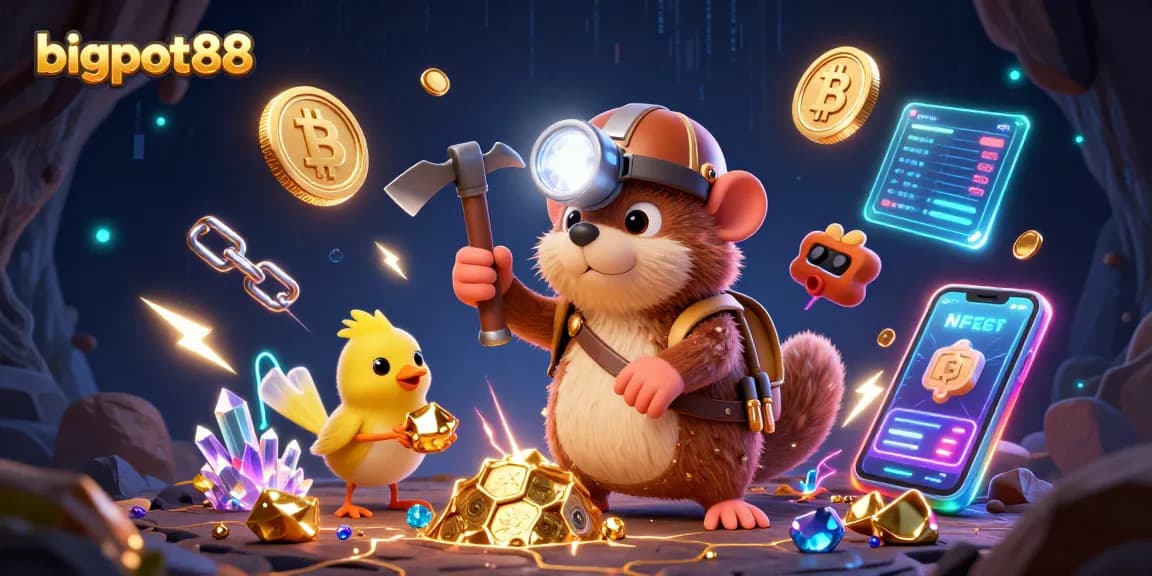 Experience bigpot88 gaming excitement with the treasure hunter and cryptocurrency elements in this vibrant scene.
