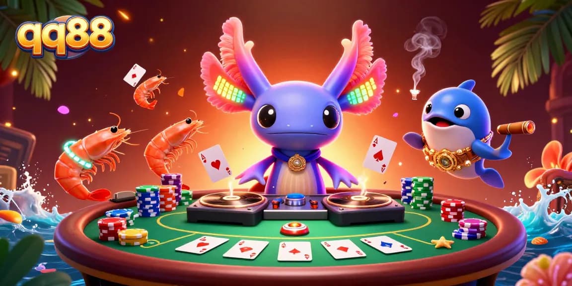 Experience exciting gameplay at qq88 with a vibrant casino scene featuring colorful characters and poker elements.