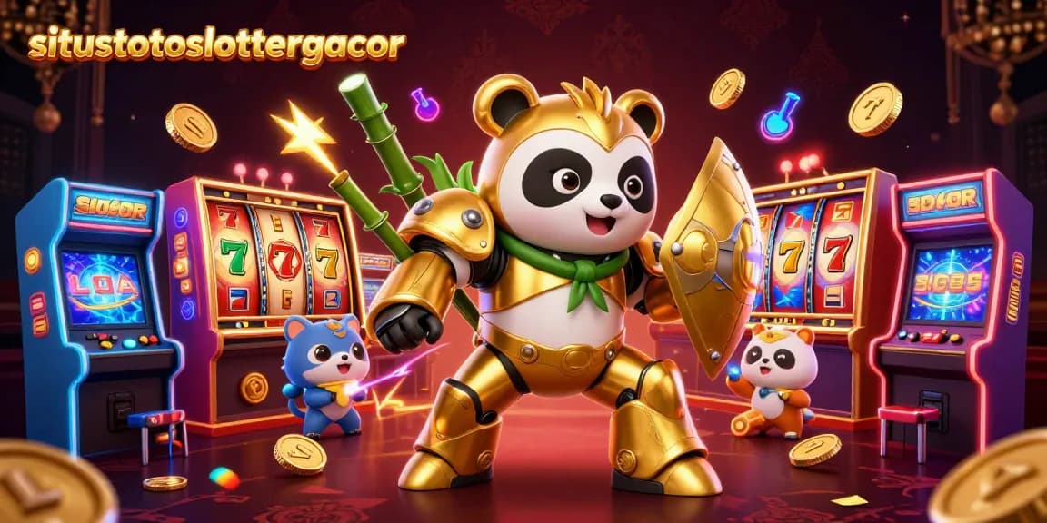 Experience wins at situstotoslottergacor with a vibrant 3D illustration of casino slots, golden panda, and exciting game elements.