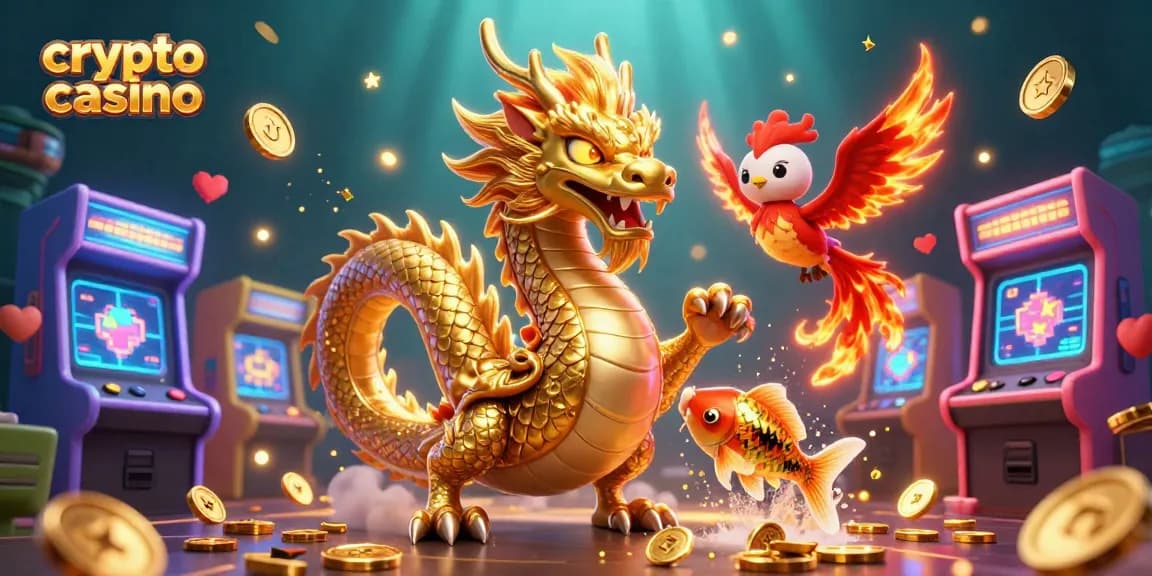 Jouez au crypto casino avec le dragon chinois, des pièces dorées et une ambiance de jeu animée.