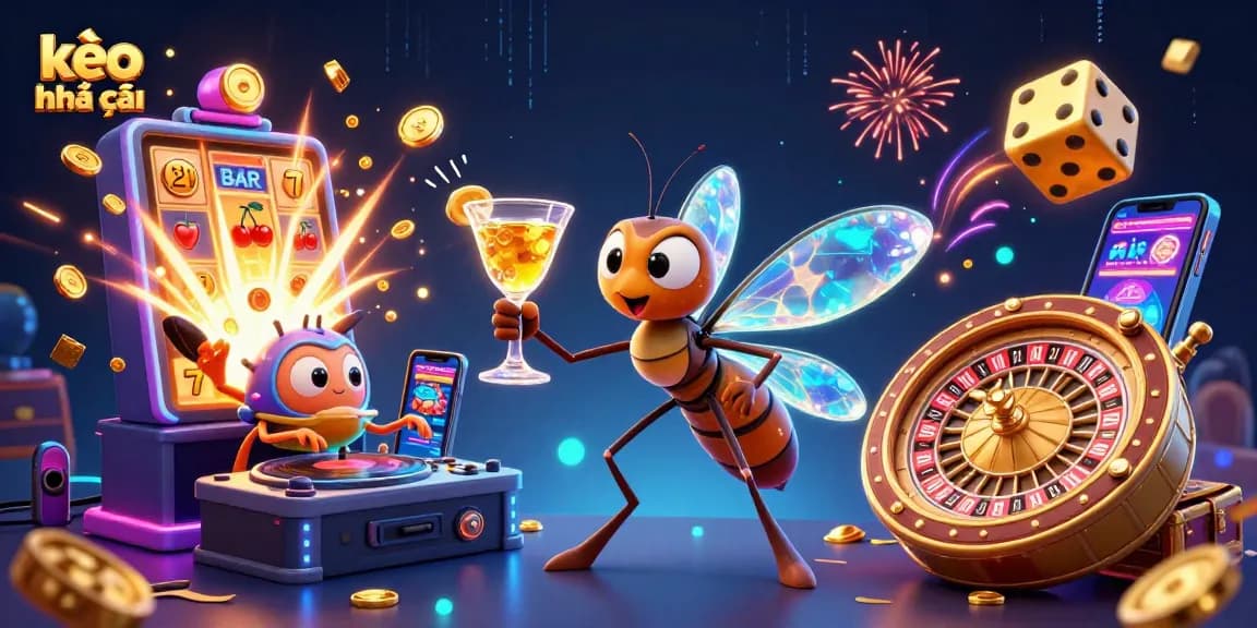Experience kèo nhà cái excitement with a lively scene of a frozen mosquito mascot and fossil DJ amid casino elements.