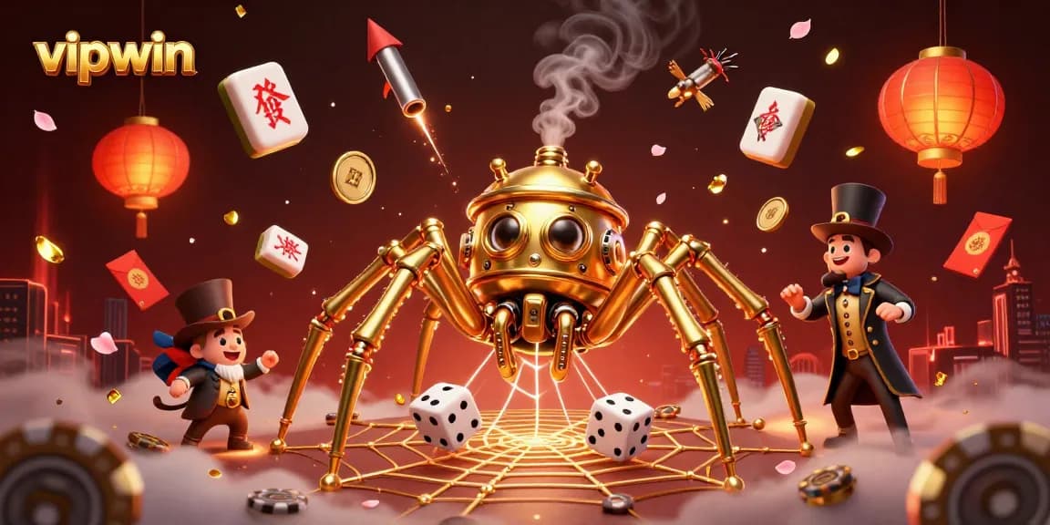 Engage with vipwin's thrilling casino adventure featuring a steampunk spider and floating mahjong elements.