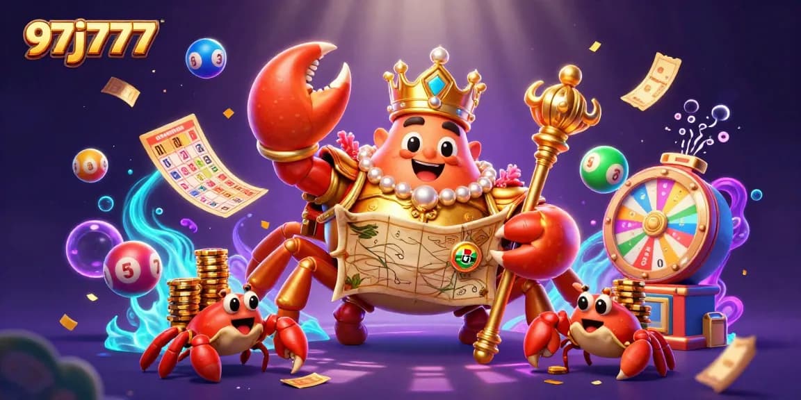 Engage with the vibrant 97j777 lottery world featuring a golden crab emperor amidst colorful game elements.
