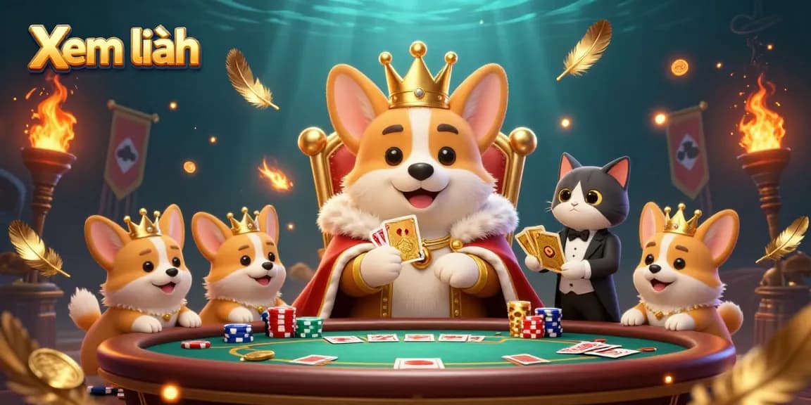 Engage in thrilling poker games with corgis in a vibrant casino scene titled "Xem thêm".