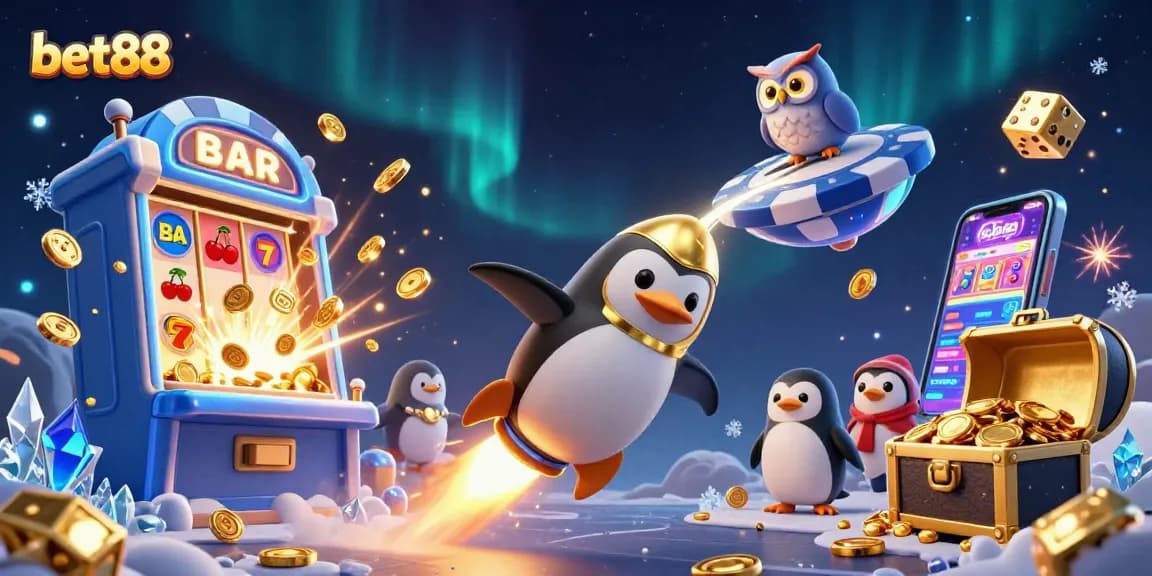 Experience thrilling gameplay at bet88 with a cosmic casino adventure featuring a golden penguin and jackpot slot machine.
