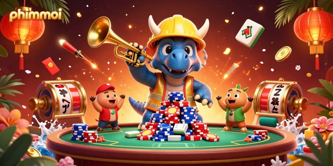 Engaging phimmoi casino scene featuring a triceratops building poker chips with dynamic gambling elements.