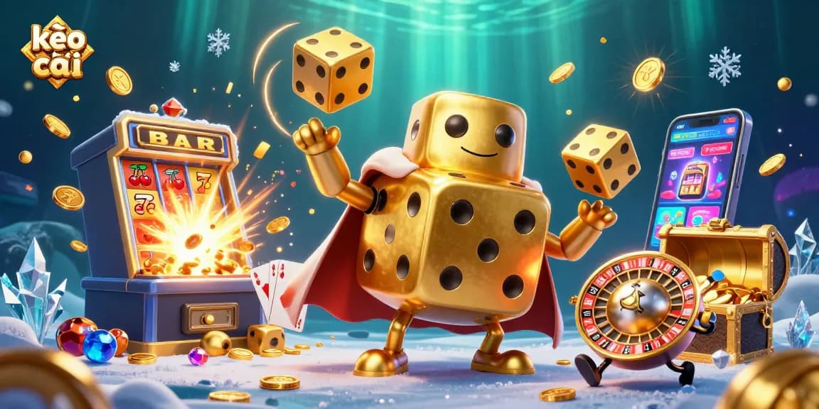 Experience kèo nhà cái with dynamic 3D characters and vibrant casino elements in an engaging illustration.