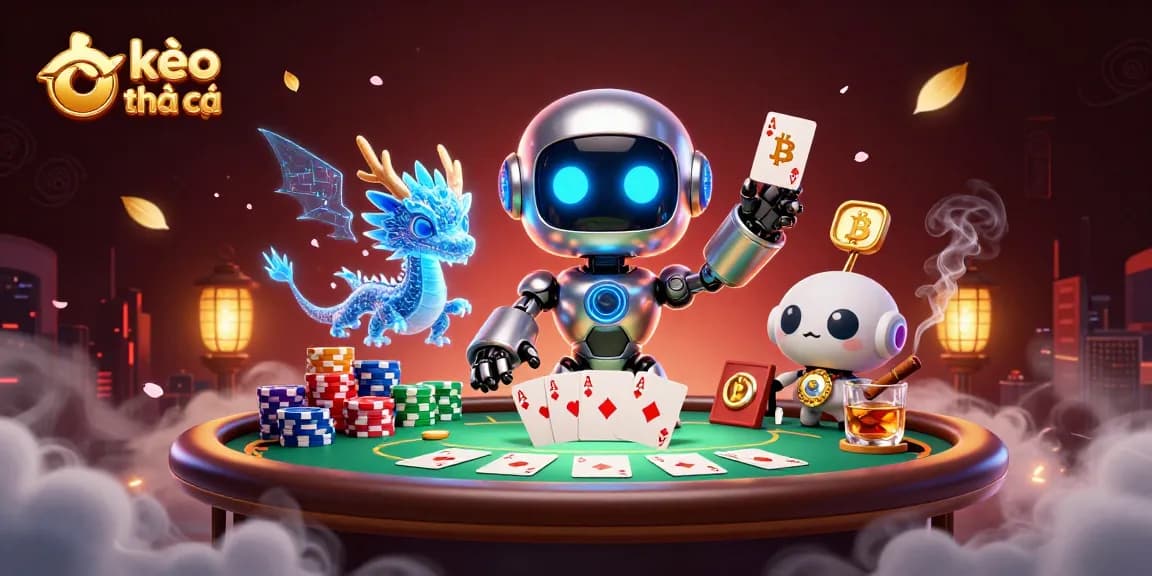 Experience the excitement of kèo nhà cái as the futuristic robot and AI dragon bet at a vibrant poker table.