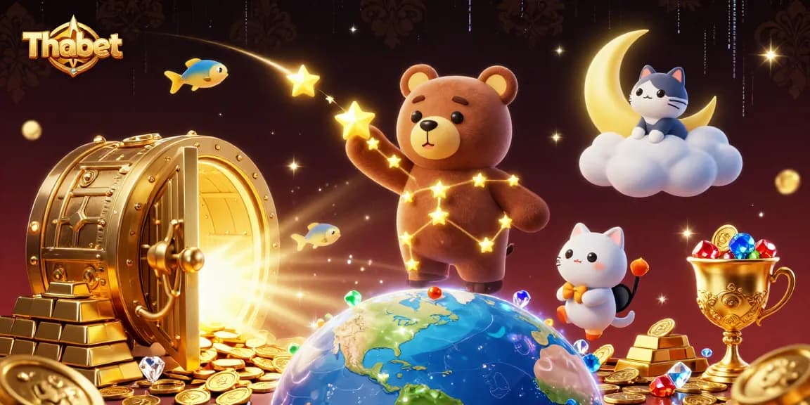 Engage with Thabet's enchanting world of online gaming, as the constellation bear collects coins amidst dazzling treasures.