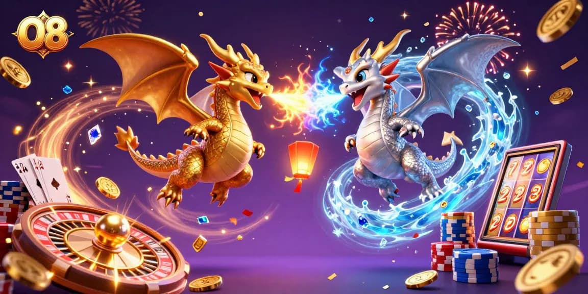 Experience the thrill of O8 with captivating dragons, gold coins, and vibrant casino elements.